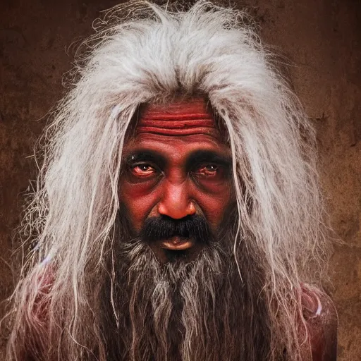 Image similar to realistic exposed expired fuji film portrait of aghori sadhu, hyperrealism, hypermaxiymalism, photorealistic, detailed, atmospheric, 8 k, award winning photography, cinematic