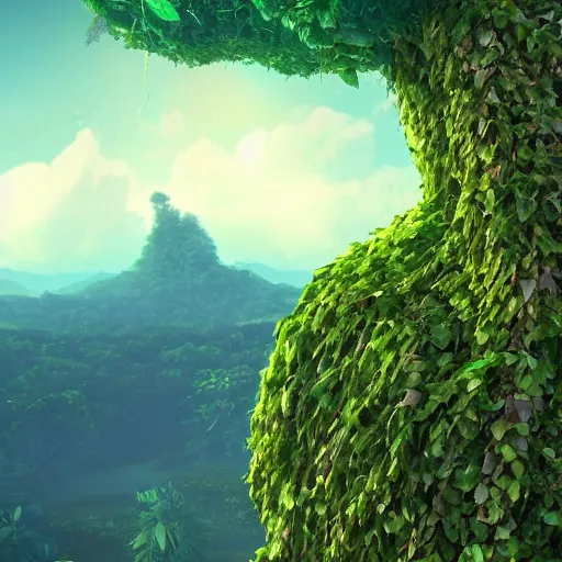 Image similar to Giant Mother Nature made of vines and leaves and a crown made of flowers towering over a tropical island, Dramatic Lighting, Trending on Artstation HQ, 4K, UHD.