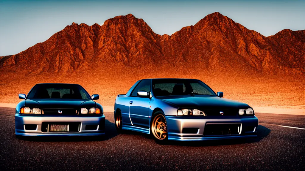 Image similar to three quarter front photo of a stock dark grey nissan r 3 2 skyline gtr on a road in a desert with a mountain in the background in the early morning, car photography, zoom lens, blue hour, photorealistic