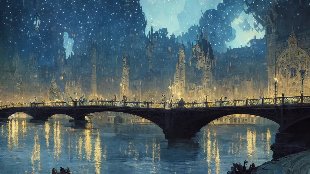 Image similar to a beautiful painting of the view from the river of a city of bridges and arches, with art nouveau architecture, at night with a sky full of stars, intricate, elegant, highly detailed, digital painting, artstation, concept art, by krenz cushart and artem demura and alphonse mucha