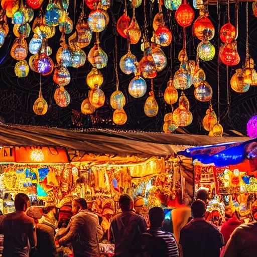 Image similar to a detailed night market full of bears in Marrakech, Gigapixel photo, detailed, glowing string lights, realistic