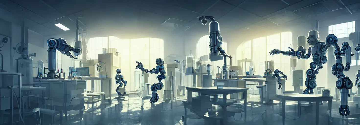 Image similar to brightly sunlit organic chemistry laboratory filled with chemicals run by one abandoned multiarmed bipedal robot, science fiction industrial hard science concept art, 8K render octane high definition cgsociety