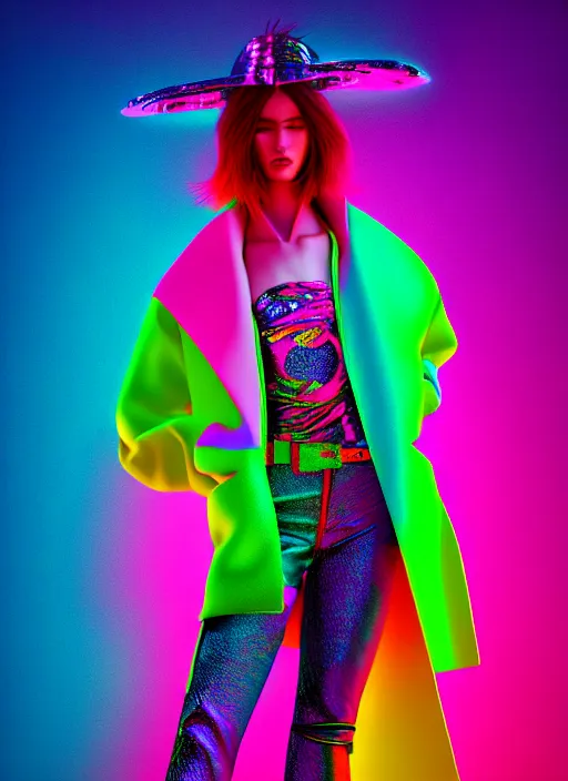 Image similar to coat for a rave, bright colors, many details, prints, photo for a magazine, photo for a store, fashion photography, Vogue, 135 mm, cinematic, hyper realism, high detail, octane render, 8k, chrome accents