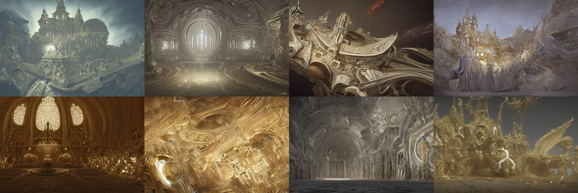 Prompt: a vast starship in the darkness of space, made of white ivory with detailed gold baroque ornamentation and filigree, trending on ArtStation, very detailed, octane render, Greg Rutgowski, Jodorwoski's Dune, David Lynch, postmodernist baroque industrial design, 4K, French Nouveau, gothic baroque citadel, atmospheric