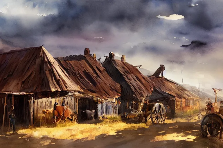Prompt: paint brush strokes, abstract watercolor painting of american frontier western viking town, straw roof, storm, cinematic light, american romanticism by hans dahl, by jesper ejsing, by anders zorn, by greg rutkowski, by greg manchess, by tyler edlin