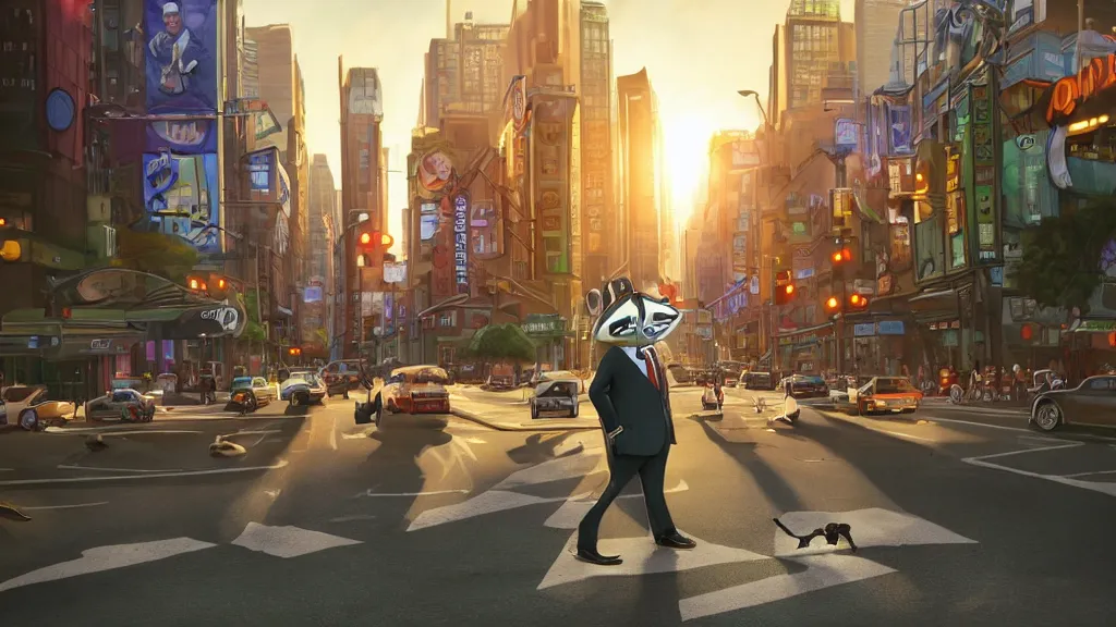 Prompt: An anthropomorphic raccoon businessman is walking down a busy crosswalk at sunset, warm lighting with an orange glow blanketing the cityscape, zootopia, other anthropomorphic characters are walking by him, extremely detailed, HDR, sideview, solemn and moody, many cars and animal people in the background, detailed face and eyes, large and detailed eyes with visible pupils, the road is wet with many rain puddles, reflections from the water on the ground, shadows are being cast from the cars and people walking around, raining