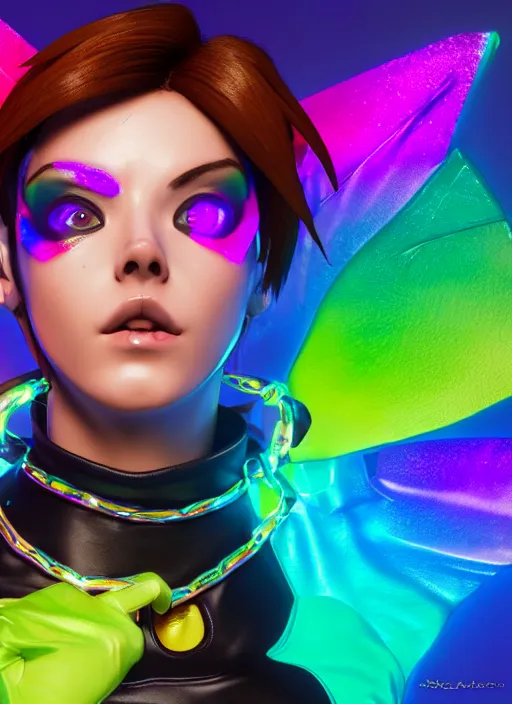 Image similar to portrait bust digital artwork of tracer overwatch, wearing iridescent rainbow latex and leather straps catsuit outfit, neon makeup, in style of mark arian, angel wings, wearing detailed leather collar, chains, black leather harness, detailed face and eyes,