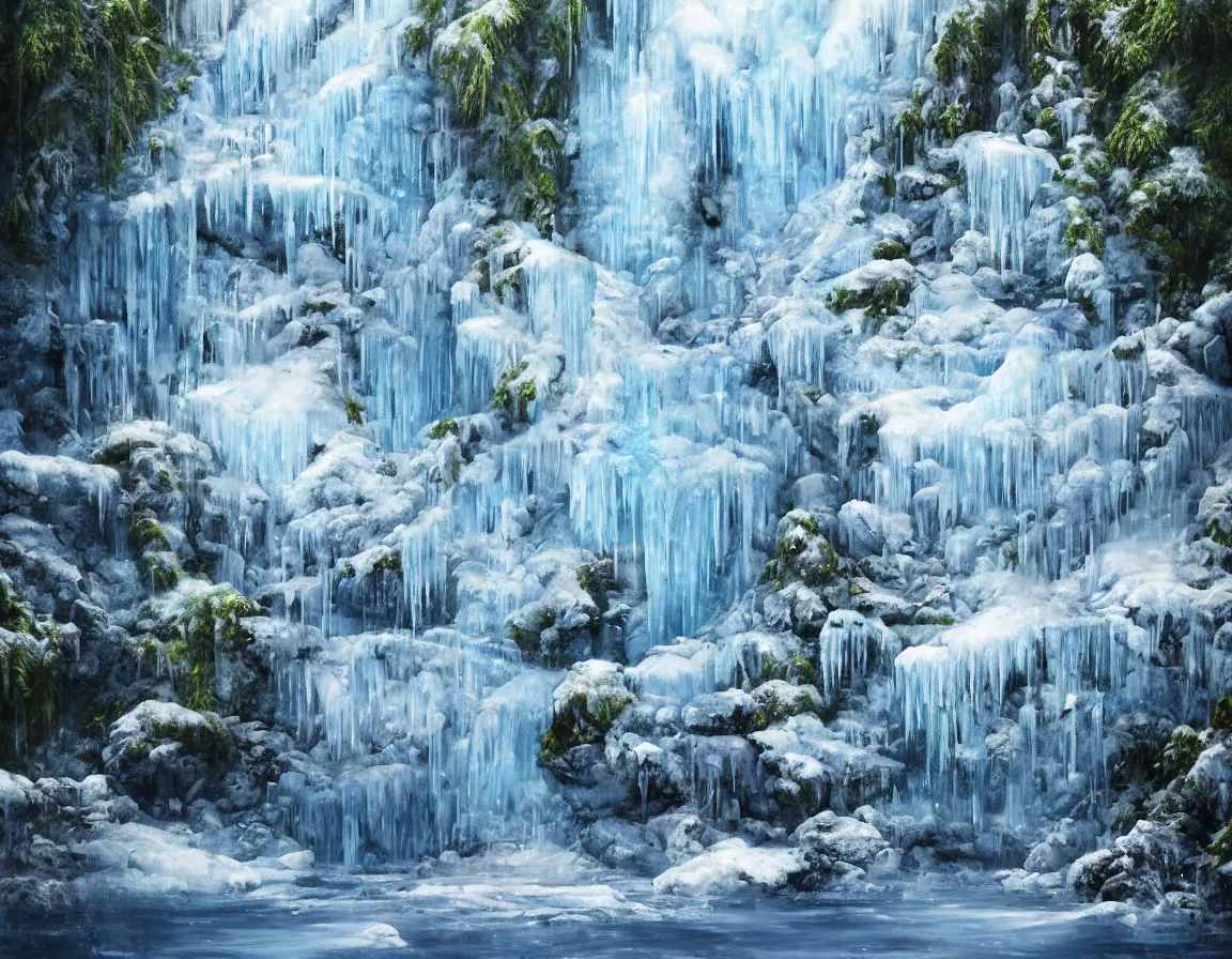 Prompt: hyper realistic oil painting of frozen sphere island with waterfall, floating in the air, hd, hdr, by stanisław wyspianski, ultra detailed, high resolution