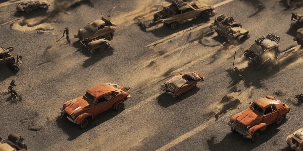 Image similar to needle felt of car chase scene from fury road ( 2 0 1 5 ), tilt shift, action shot, explosions, dust, detailed textures, dramatic light, god rays