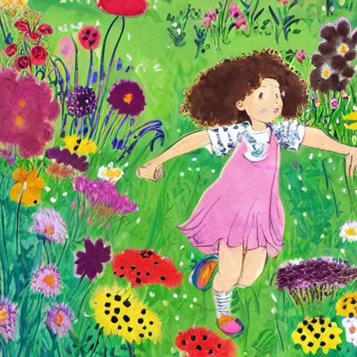 Prompt: a little girl with curly brown hair running through a field of flowers, highly detailed very beautiful fun children's book illustration by quentin blake