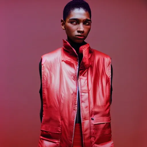 Image similar to realistic photoshooting for a new issey miyake lookbook, color film photography, portrait of a beautiful woman, model is wearing techtical vest, image shot in the dark red direct lightning, photo in style of tyler mitchell, 3 5 mm,