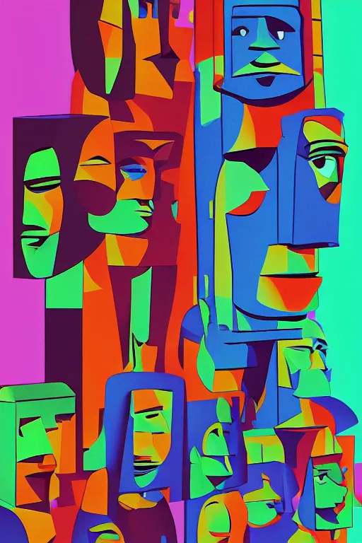 Image similar to cubist moai statue cutout digital illustration cartoon colorful beeple