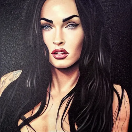 Prompt: “Megan Fox Coal paintings, ultra detailed portrait, 4k resolution”