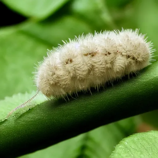 Prompt: a baby silkworm eating a leaf