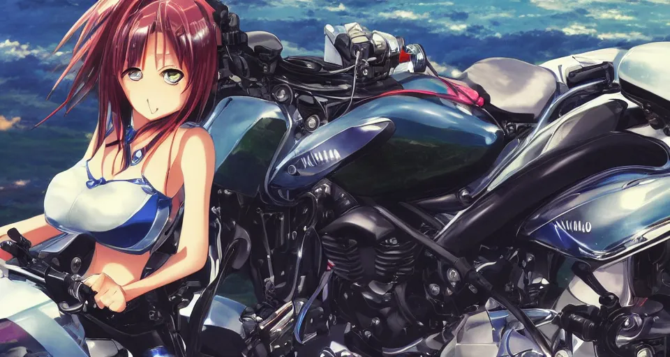 Image similar to close up of a high definition anime girl in a 1998 black Yamaha V80 motorbike with armenia quindio in the background , Artwork by Makoto Shinkai, pixiv, 8k, official media, wallpaper, hd