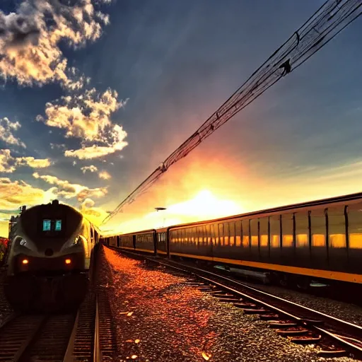 Prompt: ns train driving into the sunset