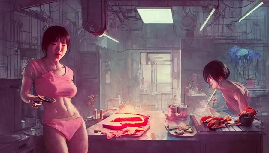 Prompt: lee jin - eun cooking a steak in a cyberpunk kitchen theme next to a pink plant by greg rutkowski, claude monet, conrad roset, takato yomamoto, rule of thirds, seductive look, beautiful