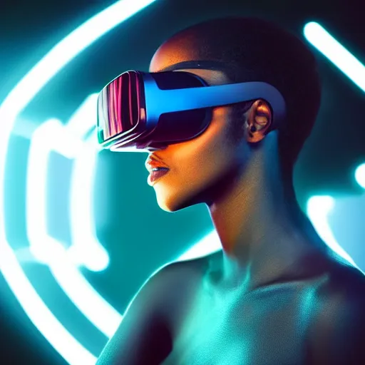 Prompt: dark skinned woman wearing futuristic vr headset neon lights ambient light unity game ultra - realistic