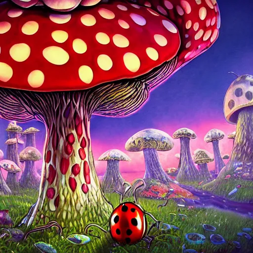 Image similar to 4 k headshot portrait of a psychedelic demonic anthropomorphic ladybug with mushroom themed clothes, magic mushroom village in background by jeff easley, award winning, stylized neon, post - processing, masterpiece, superb resolution. in the art style of junji ito and greg rutkowski. detailed mushroom city in background. hyper realistic anime. perfect art. dalle 2