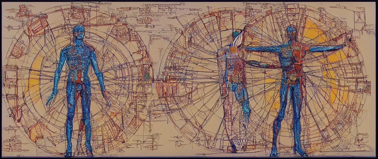 Prompt: a brilliantly colored painting of an exploded diagram of a detailed engineering schematic of a robot in the pose vitruvian man in the style of jean giraud