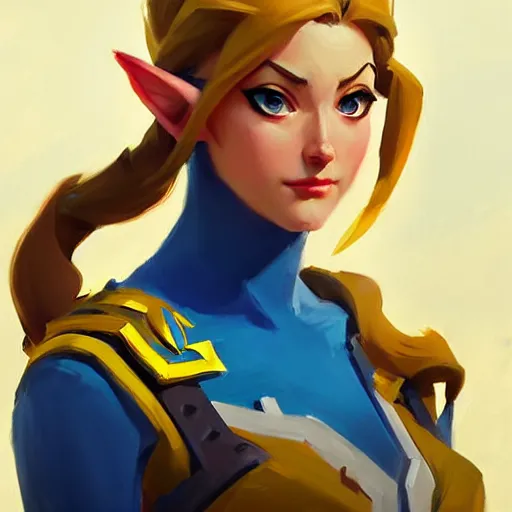 Image similar to Greg Manchess portrait painting of Zelda as Overwatch character, medium shot, asymmetrical, profile picture, Organic Painting, sunny day, Matte Painting, bold shapes, hard edges, street art, trending on artstation, by Huang Guangjian and Gil Elvgren and Sachin Teng