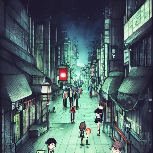 Image similar to dark city bus stop, Miyazaki tekkonkintreet Teikoku Shounen style, amazing Traditional Japanese style, very detailed,ArtStation