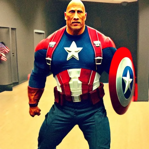 Image similar to dwayne the rock johnson in a captain america costume in a church