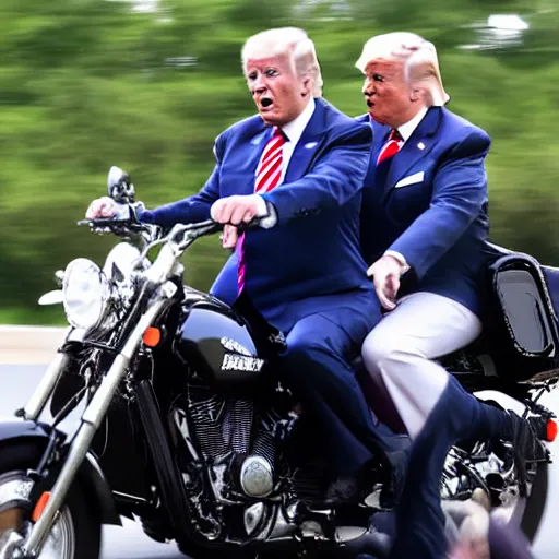 Prompt: joe biden and donald trump riding two seater on a motorcycle bike together, photorealistic, detailed