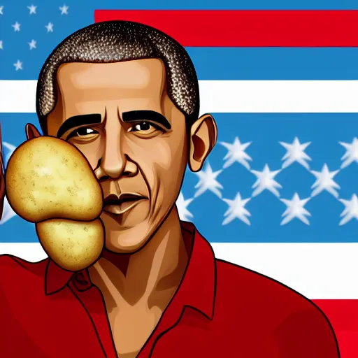Image similar to Obama with a potato on his head, selfie, realistic, ultra high detail, 8k.