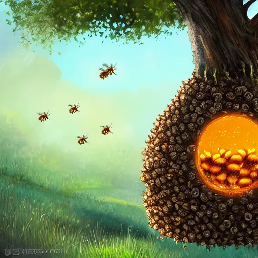 Prompt: digital illustration of a beehive hanging from a tree, with little bees that look like campfires coming out of it, trending on artstation