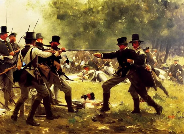 Image similar to anders zorn oil painting of instruction of american civil war battle scene, interpersonal, intimate