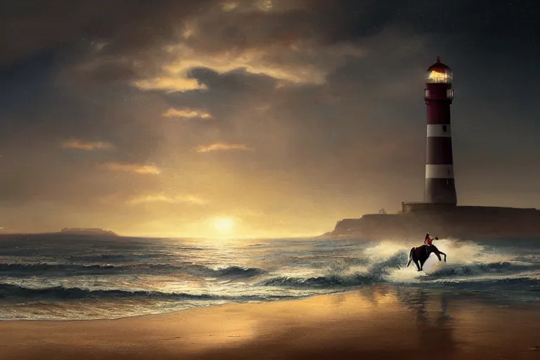 Image similar to photo of man riding a horse along the beach, glowing underwater waves toward a lighthouse in the distance guiding his way, silhouette, wide horizon, large white clouds, night, intricate, elegant, highly detailed, digital painting, artstation, concept art, smooth, sharp focus, illustration, art by artgerm and greg rutkowski and fra angelico