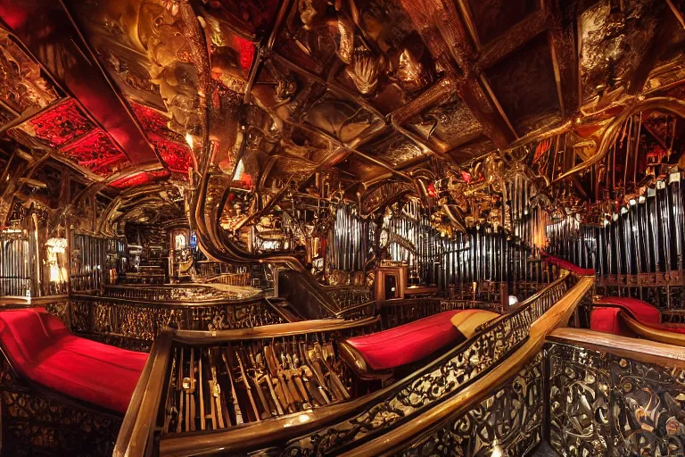 Image similar to the interior of the organ room at house on the rock is made of red carpet and black wrought - iron, and is full of cluttered arrangements of parts of pipe organs, clock gears, and engine components surrounded by curved elevated walkways, interwoven catwalks, spiral ramps, and twisted staircases.