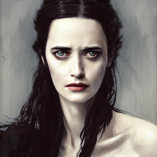 Prompt: eva green as yennifer from witcher, portrait, painted by greg rutkowski