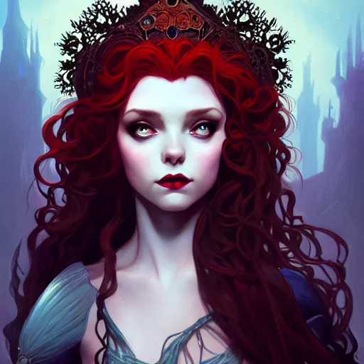 Image similar to a dark gothic version of Princess Merida, face, fantasy, intricate, elegant, highly detailed, digital painting, artstation, concept art, smooth, sharp focus, illustration, art by Cynthia Shephard and Fernanda Suarez and Artem Demura and alphonse mucha