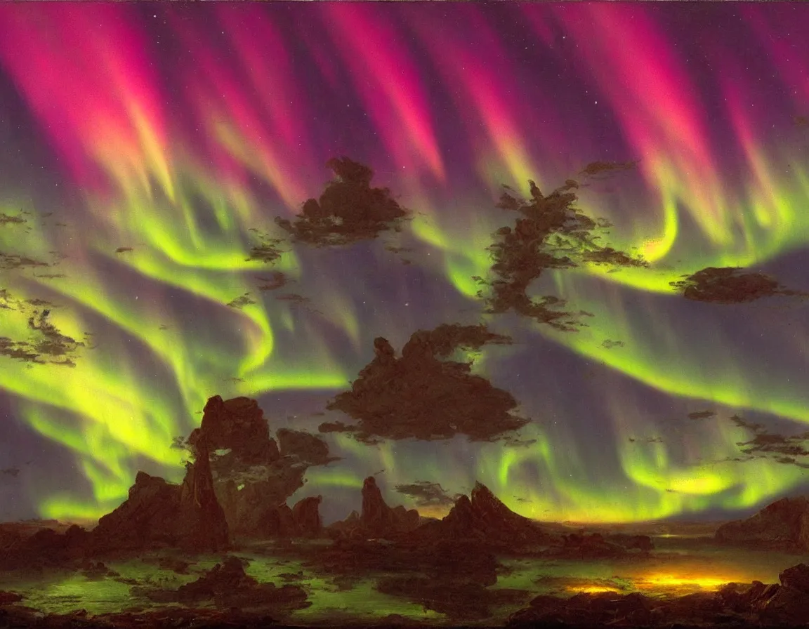 Prompt: vibrant aurora borealis over a mysterious alien landscape, concept art by albert biertadt, thomas cole, frederic edwin church, hudson river school, majestic, awe - inspiring, breathtaking