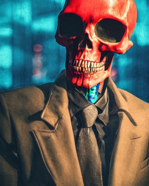 Image similar to dramatic cyberpunk portrait of a skeleton in a suit, red green blue color glow, atmospheric haze, intense shading, optic ripple, backlit, centered