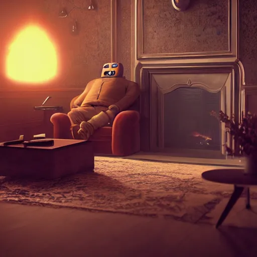 Prompt: Lonely and depressed robot sitting on a couch in front of a large fireplace in a Victorian home in the future. octane render, extremely detailed, cinematic lighting, 8k, lens flare, cinematic movie photograph, closeup portrait, trending on artstation, cgsociety, award-winning art, by Simon Stalenhag.
