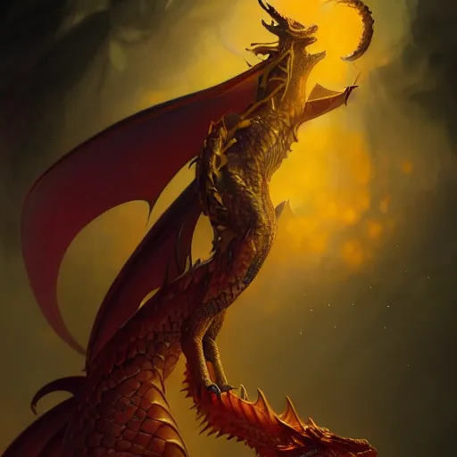 Image similar to full figure dragon, frontal view, luminous scene, by greg rutkowski and alphonse mucha, d & d character, gradient yellow to red, in hell, highly detailed portrait, digital painting, artstation, concept art, smooth, sharp focus illustration, artstation hq