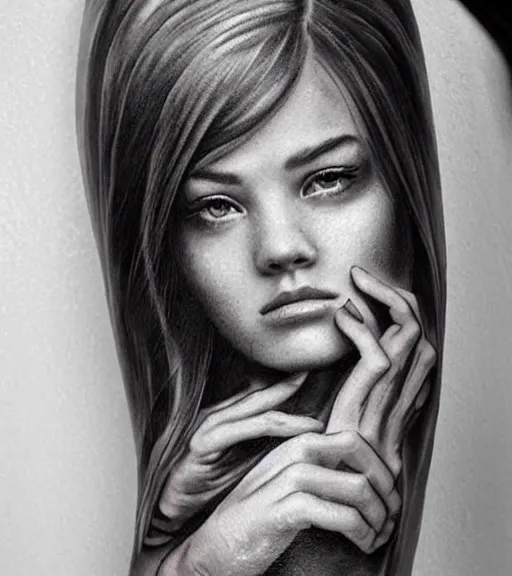 Prompt: a beautiful girl portrait at amazing nature and mountains, realism tattoo design, in the style of den yakovlev, black and white, hyper realistic, highly detailed