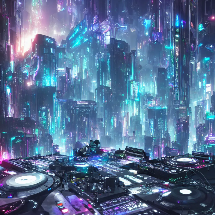 Image similar to a cybernetic dj performing in a cyberpunk city by juan p. osorio and leon tukker, album cover, beautiful modern colors, 4 k ultra,