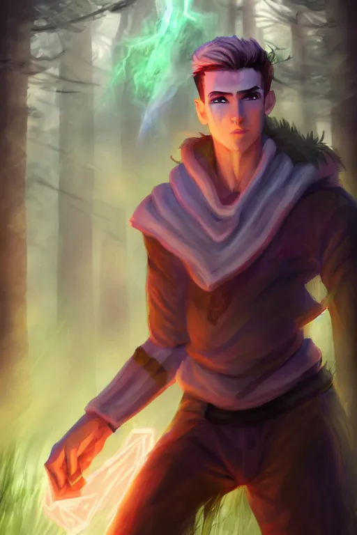 Prompt: a human elemental sorcerer, forest setting, colorful magic, male, white skin, young, sharp focus, concept art, dynamic lighting, unreal engine, by emylie boivin 1. 0 | kyle herring 2. 0