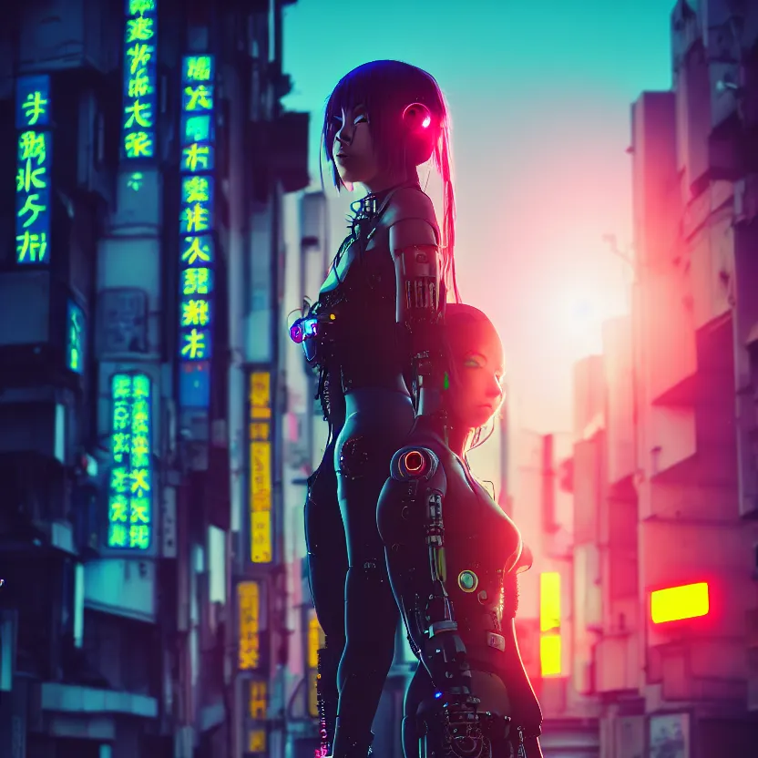 Image similar to a photo close up cyberpunk cyborg girl stands in a cyberpunk hiroshima, prefecture streets, sunset, photorealistic, cinematic lighting, very detailed, style by tomino - sama