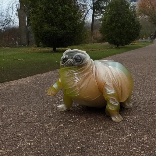 Image similar to a photo of a living dog - sized tardigrade with translucent skin walking in a park. the tardigrade evolved to be this large.