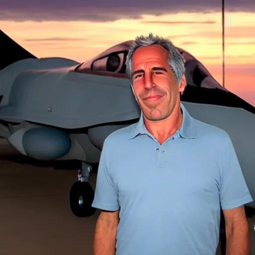 Image similar to happy jeffrey epstein, wearing a dark blue polo shirt, standing near fighter jet on an empty runway at dusk, high detail, volumetric lights, award winning photo