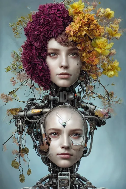 Image similar to a beautiful fine art portrait photo of a robot female cyborg, spread out curly hair covered by hibiscus, daffodils, hydrangea, montsera leaves by tom bagshaw and zach sutton, very detailed, bionic, cybernetic scifi, artstation, 8 k