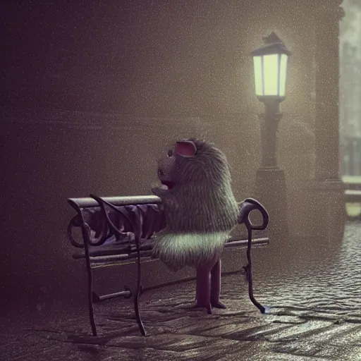 Image similar to anthropomorphic rat, octane render, 3 d, sad, lonely, moody lighting, wearing a fur coat, in the rain, at night, sitting on a park bench