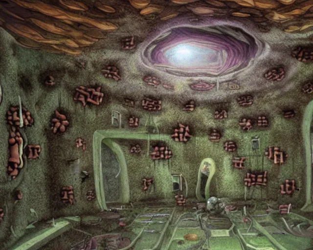 Prompt: Inside of a giant fungal space colony, with walls and windows made out of an organic chitinous living material