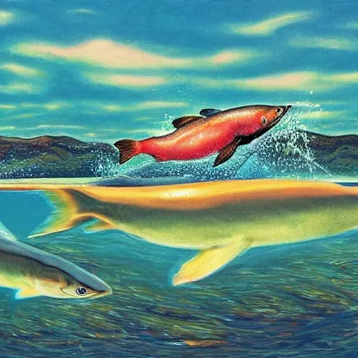 Prompt: salmon jumping out of the water on a sunny day in surrealism style