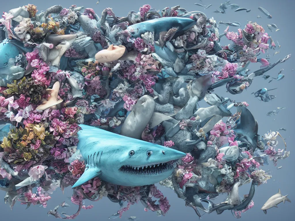 Image similar to a sculpture of ocean shark intertwined, a lovely cornucopia of flowers and human body parts, body parts, highly detailed, octane render, cinematic